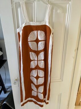 Magaschoni womans brown and white Linen shift Dress size XS
